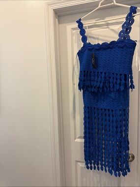 Blue Crochet Fringe Skirt Set